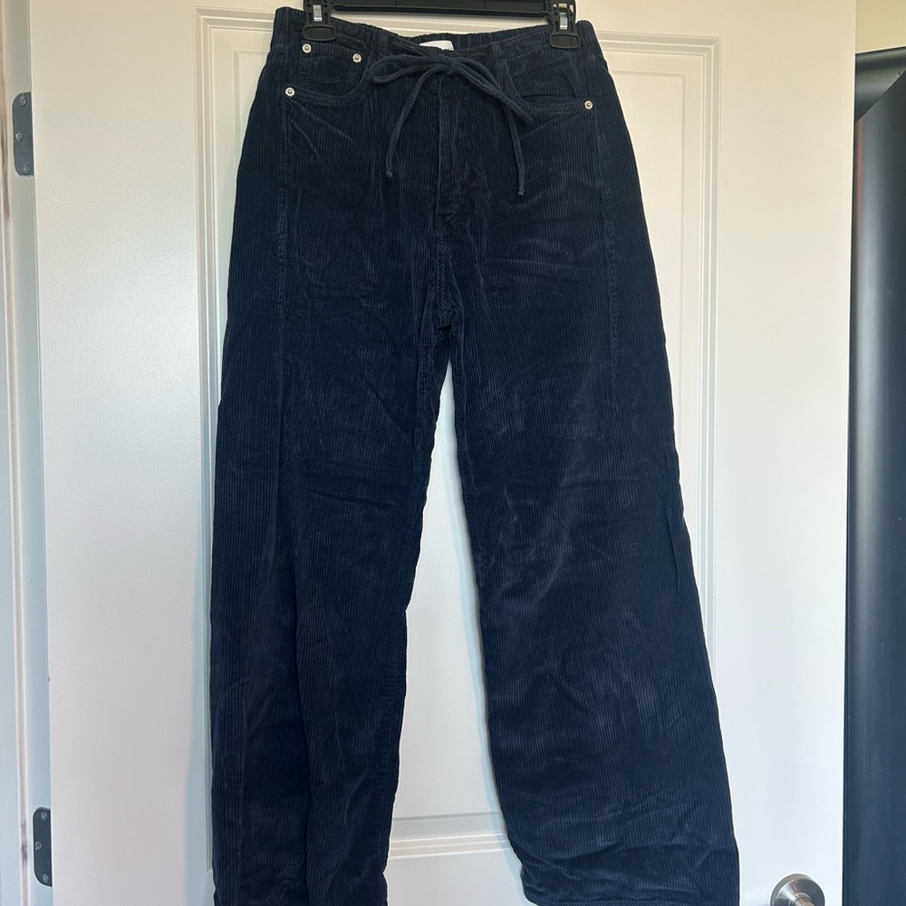 Wide-Leg Navy Corduroy Drawstring Pants